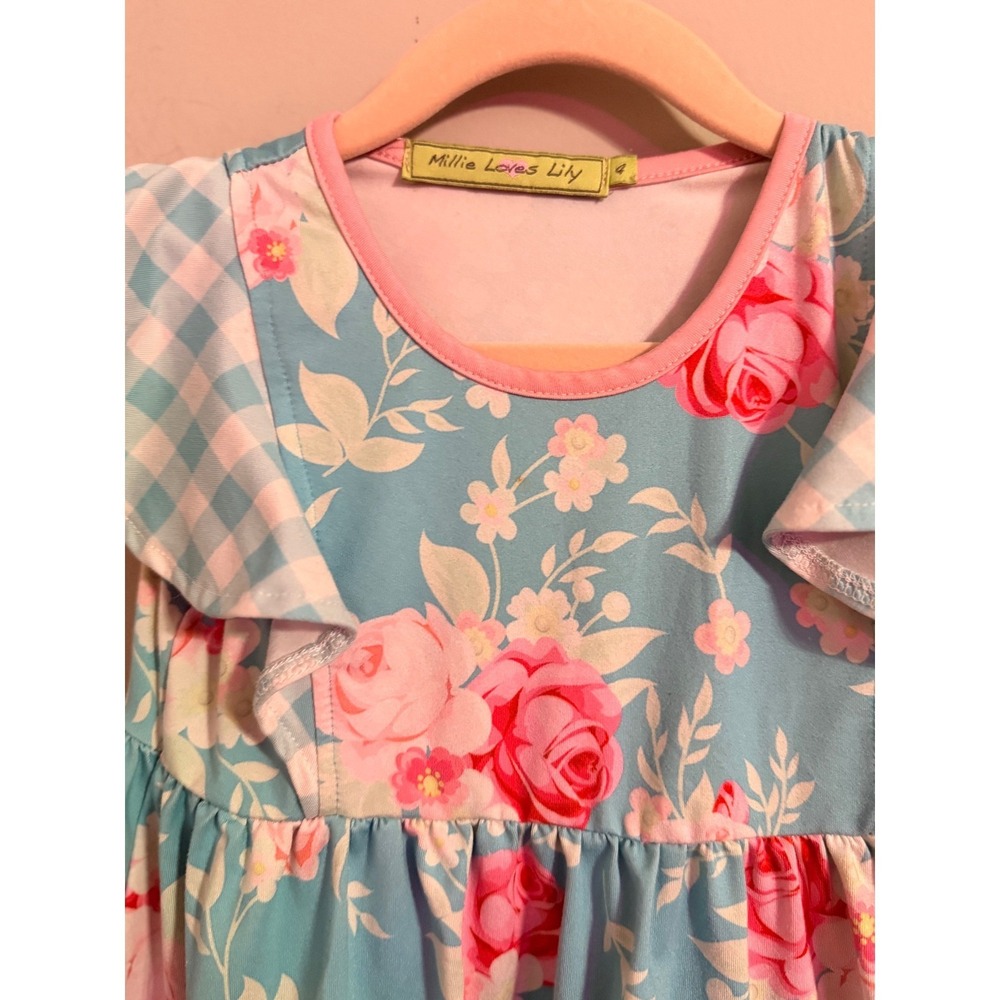 Millie Loves Lily Girls Blue Floral Rose Gingham‎ Ruffle Dress Size 4 - Picture 3 of 5